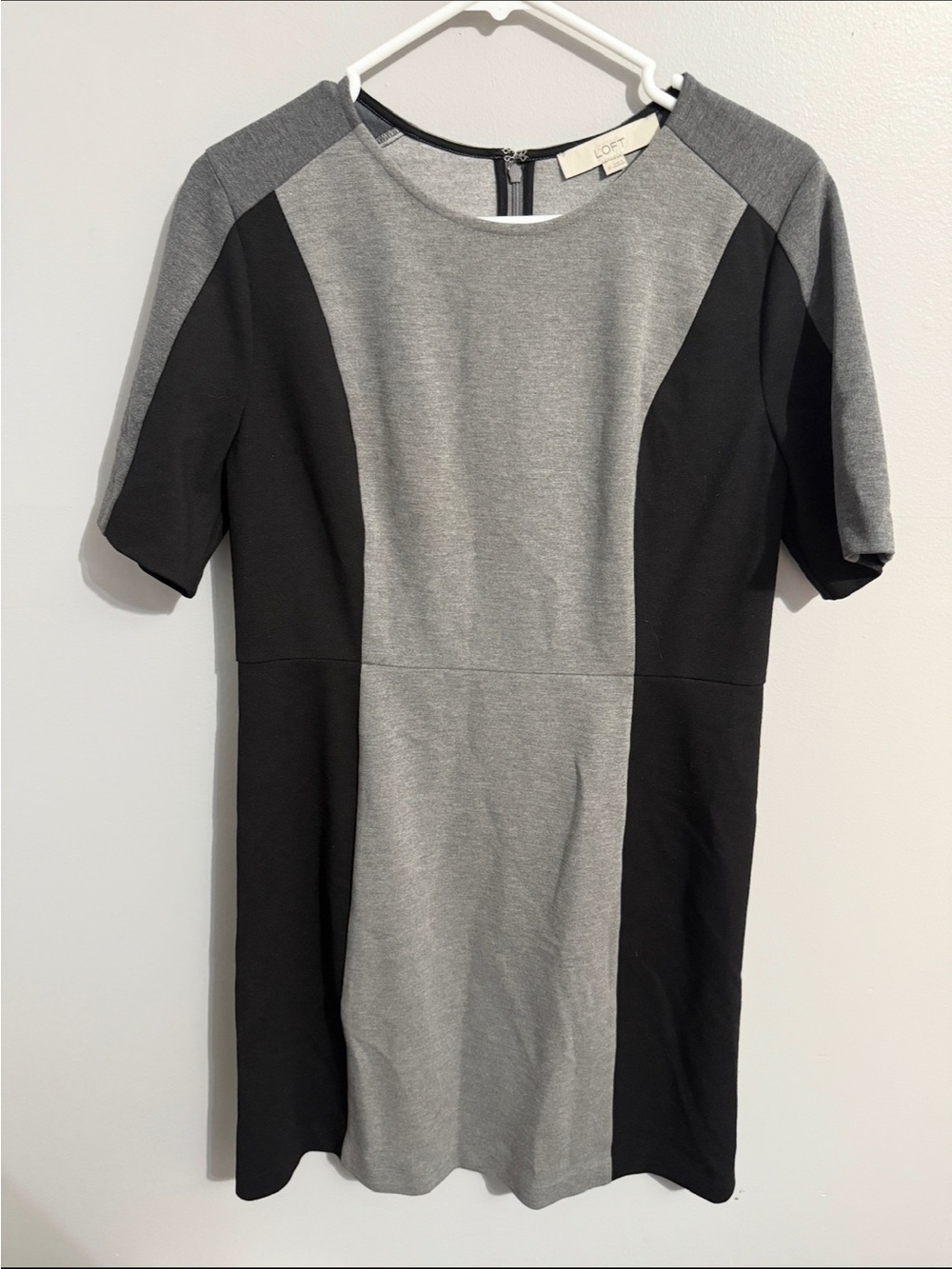 Loft Dress Womens 10 Shift Black Panels Short Sleeve Zip Back Stretch Office